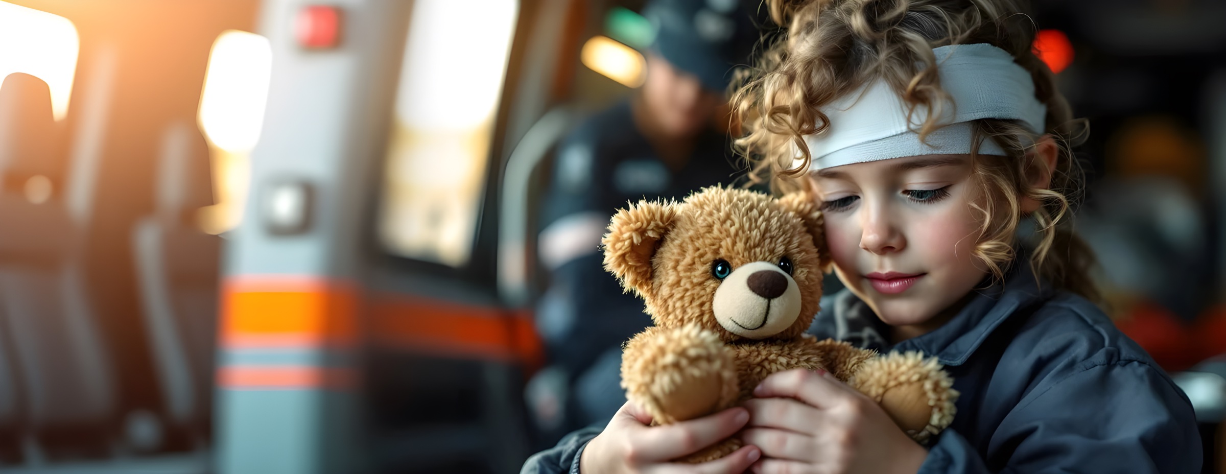 Una niña con un vendaje en la frente mira el osito de peluche que sostiene entre las manos, dentro de una ambulancia